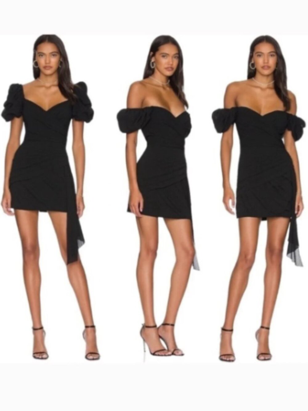 Ronny Kobo Diana Black Puff Sleeve Gathered Bodycon Drape Mini Dress S